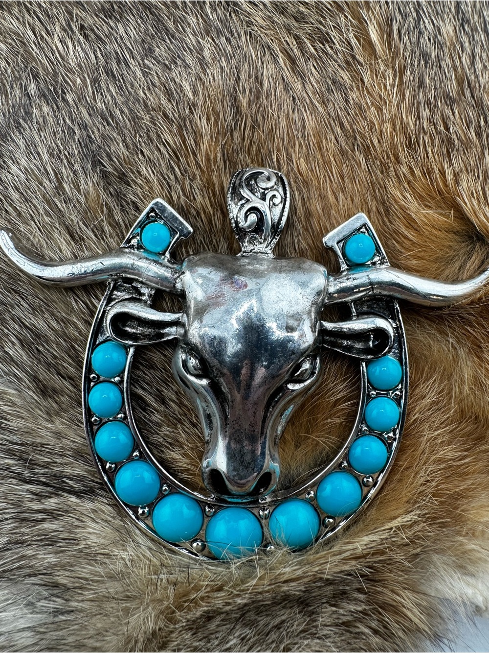 Turquoise Stone Silver-Tone Bull Head Pendant Necklace - Unbranded